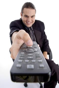 businessman watching television on an isolated white background