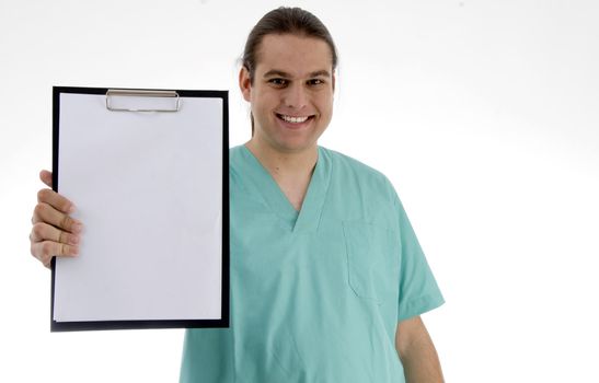 male doctor showing his notepad on an isolated white background