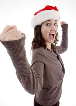 successful teenager wearing christmas hat with white background