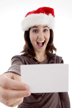 cheerful female showing business card against white background