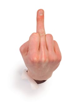 Gesture male hand through white paper photographed on a white background