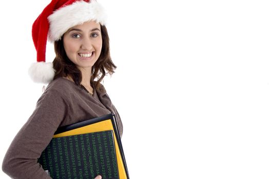 teenager student holding her books on an isolated white background