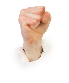 Gesture male hand through white paper photographed on a white background