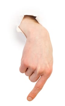 Gesture male hand through white paper photographed on a white background