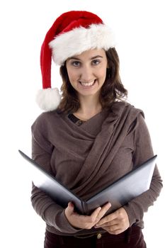 business woman holding files and wearing christmas hat on an isolated white background