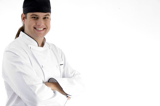 happy male chef posing in front of camera with white background