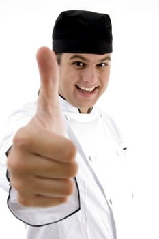 handsome chef with okay hand gesture on an isolated white background