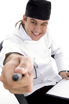 happy male chef posing in front of camera with white background