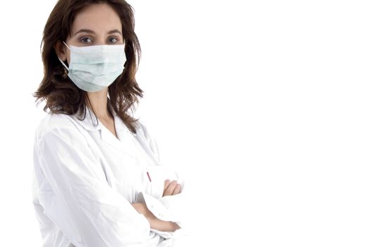 posing lady doctor with face mask on an isolated white background