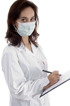 professional lady doctor note down medical prescription against white background