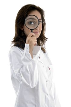 doctor holding magnifier glass with white background