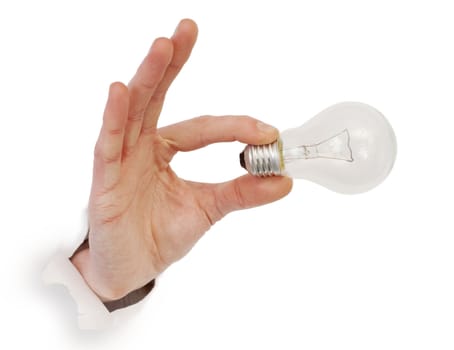 Male hand holding bulb photographed on a white background