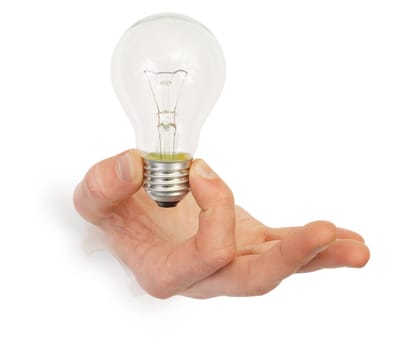 Male hand holding bulb photographed on a white background