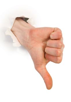 Gesture male hand through white paper photographed on a white background