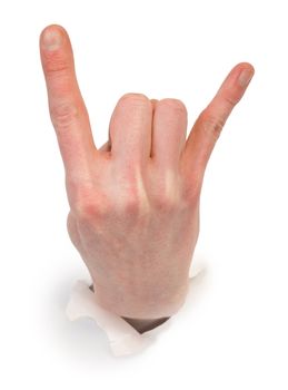 Gesture male hand through white paper photographed on a white background