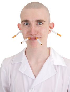 Funny man with cigarettes on all person on the white background