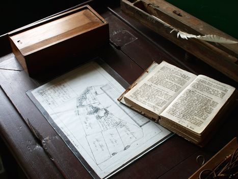 Antique Vintage Desktop Secreter background with old bible book, papers and feather quill