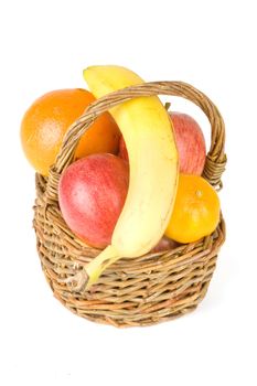 a basket with apples, mandarins, oranges and a bananas
