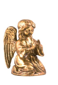 Little golden angel sitting on her knees praying, isolated on white.