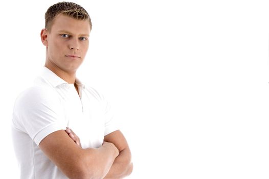healthy male posing with copy space against white background