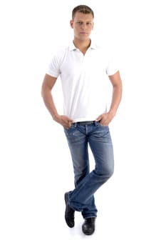 handsome caucasian model standing and looking at camera isolated on white background