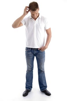 man itching his head showing confusion on an isolated white background