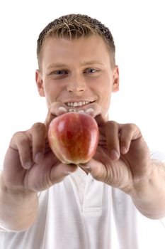healthy man showing red fresh apple on an isolated white background