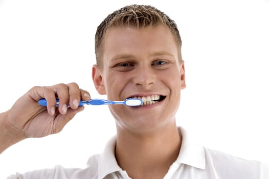 healthy male brushing his teeth on an isolated white background