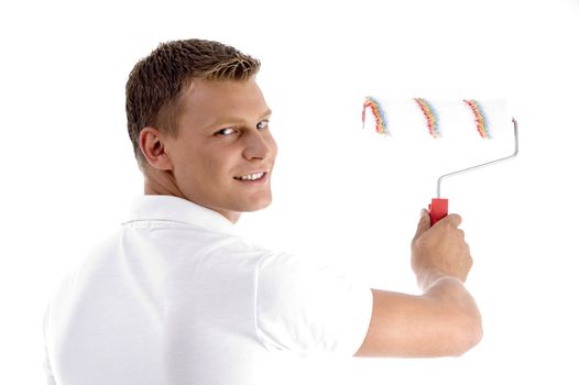 close up view of handsome painter with white background