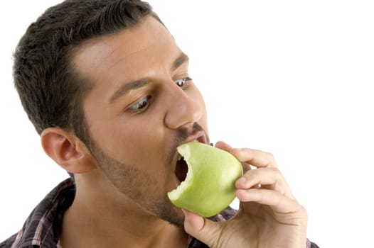 man eating green apple  on white background