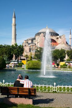 teen moslem couple have a date near of  Hagia Sophia in Istanbul