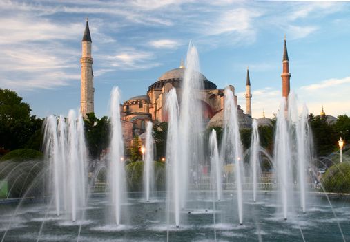 famous Ayasofya mosque and blue sky with clouds