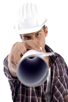 young architect giving close up view of his blue prints against white background