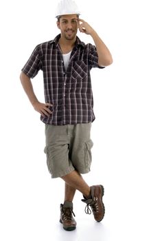 attractive contractor thinking on an isolated white background