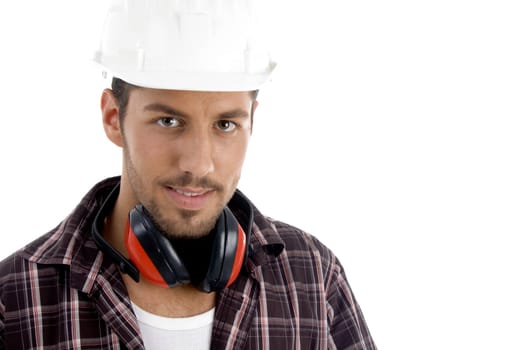 architect posing with headphone on an isolated white background