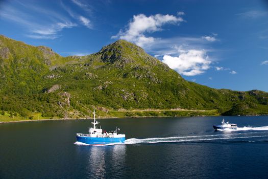 ship on the sea near of lofoten island in norway