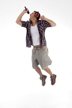 young singer singing a song in rock style on an isolated white background