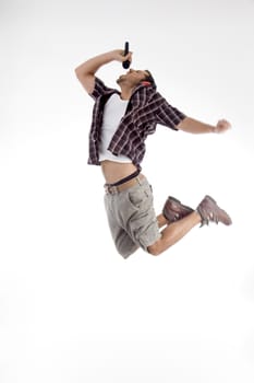 young singer singing a song in rock style on an isolated white background