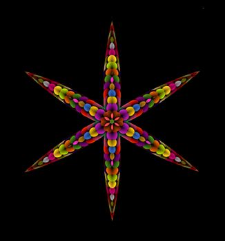 An abstract illustration of a six pointed star done in a rainbow of colors with a stylized floral central motif.