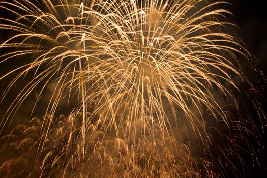 Big yellow firework exploding in night sky