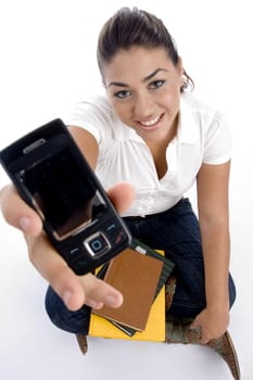 teenager college showing her multimedia cell with white background