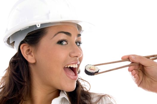 pretty architect eating with chopsticks isolated on white background