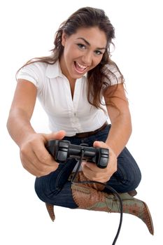 young cute girl playing video game on an isolated white background