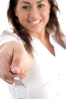 happy woman posing with knife against white background