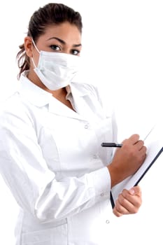 doctor posing with mask on her mouth and writing board with white background