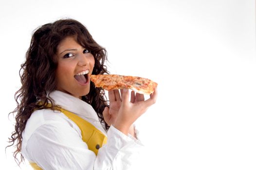 woman going to eat pizza on an isolated background