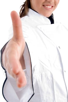 chef offering hand shake against white background