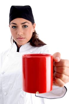 chef showing you coffee mug against white background