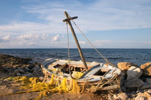 old fisher wherry shipwreck on the seaside