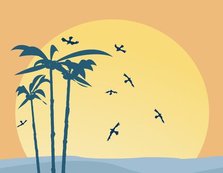 Panorama landscape with palmtrees silhouettes and ocean sunset